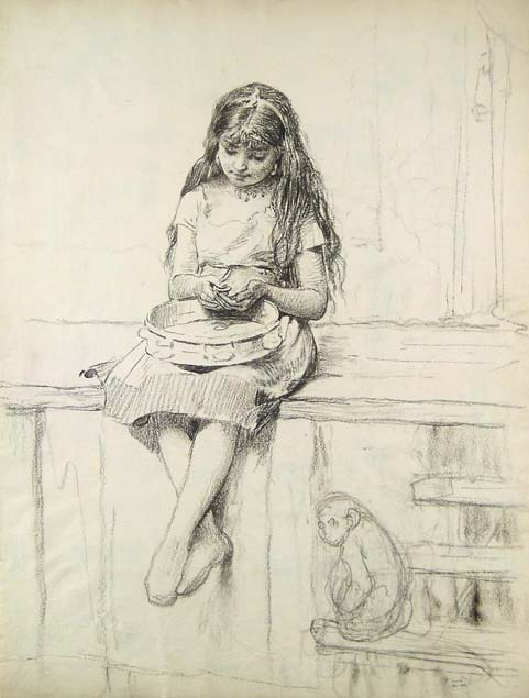 Emile Adan, tambourine girl with a monkey